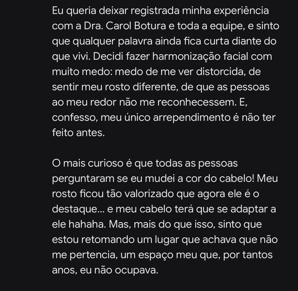 Depoimento de paciente — harmonização facial